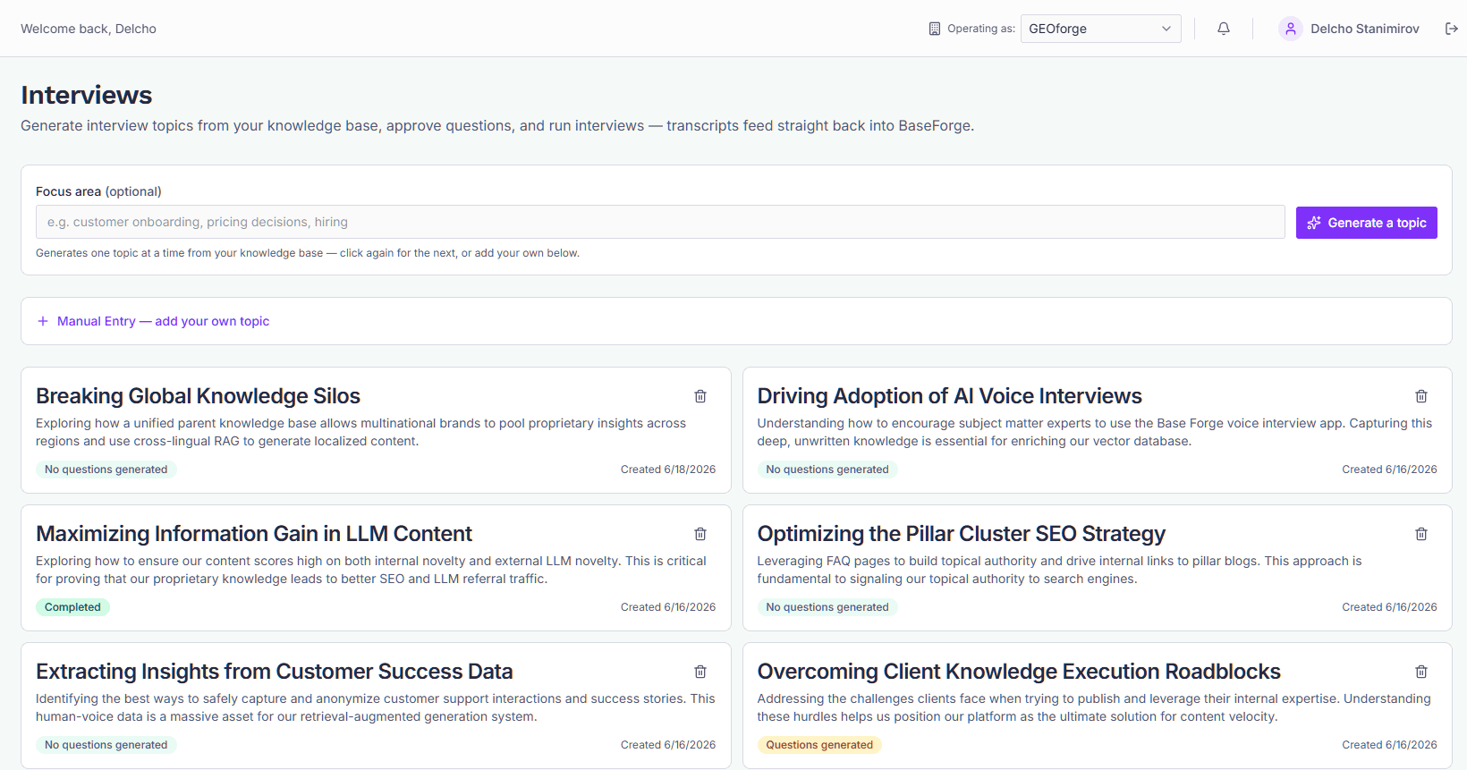The BaseForge Interviews screen showing the topic board
