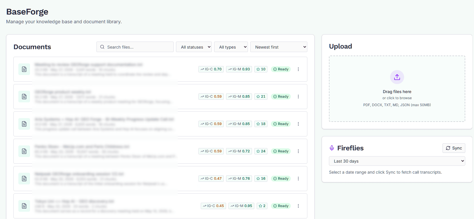The BaseForge knowledge base page: the documents list on the left and the upload card on the right