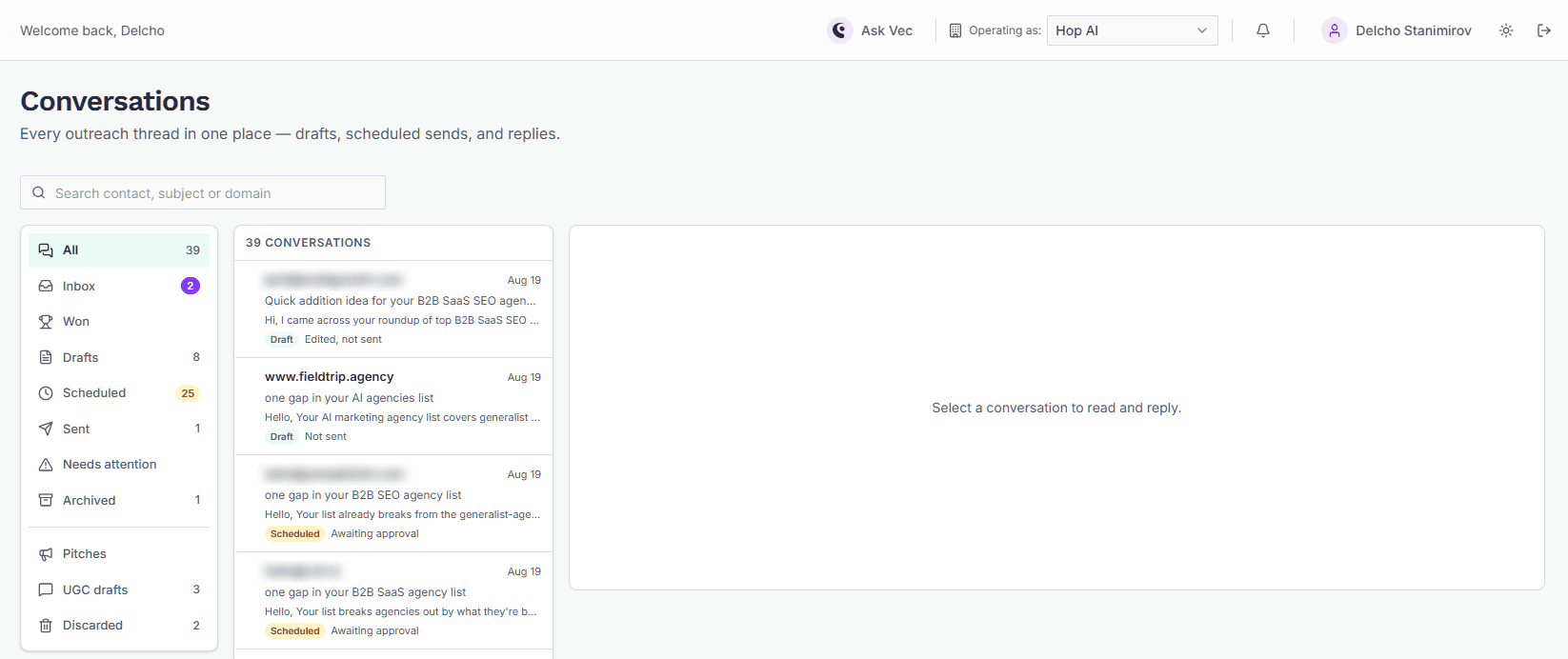 The three-pane Conversations screen: folder rail on the left, including the Pitches folder, the conversation list in the middle, and the reading pane on the right
