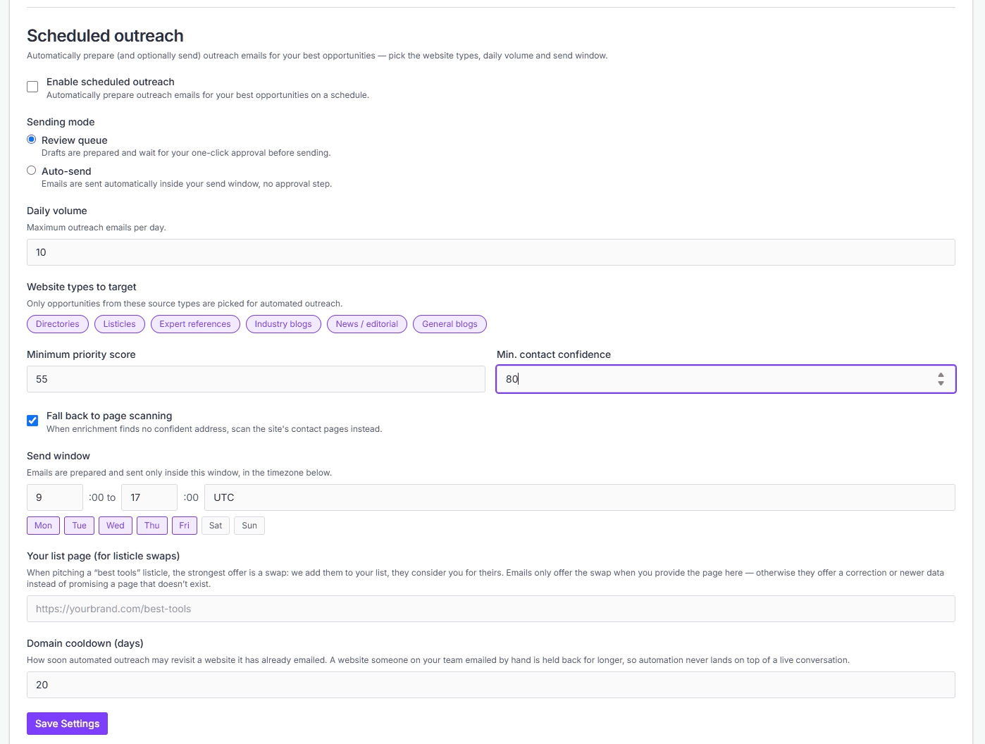 The Scheduled outreach settings panel: sending mode, daily volume, website types, score and confidence floors, send window and domain cooldown
