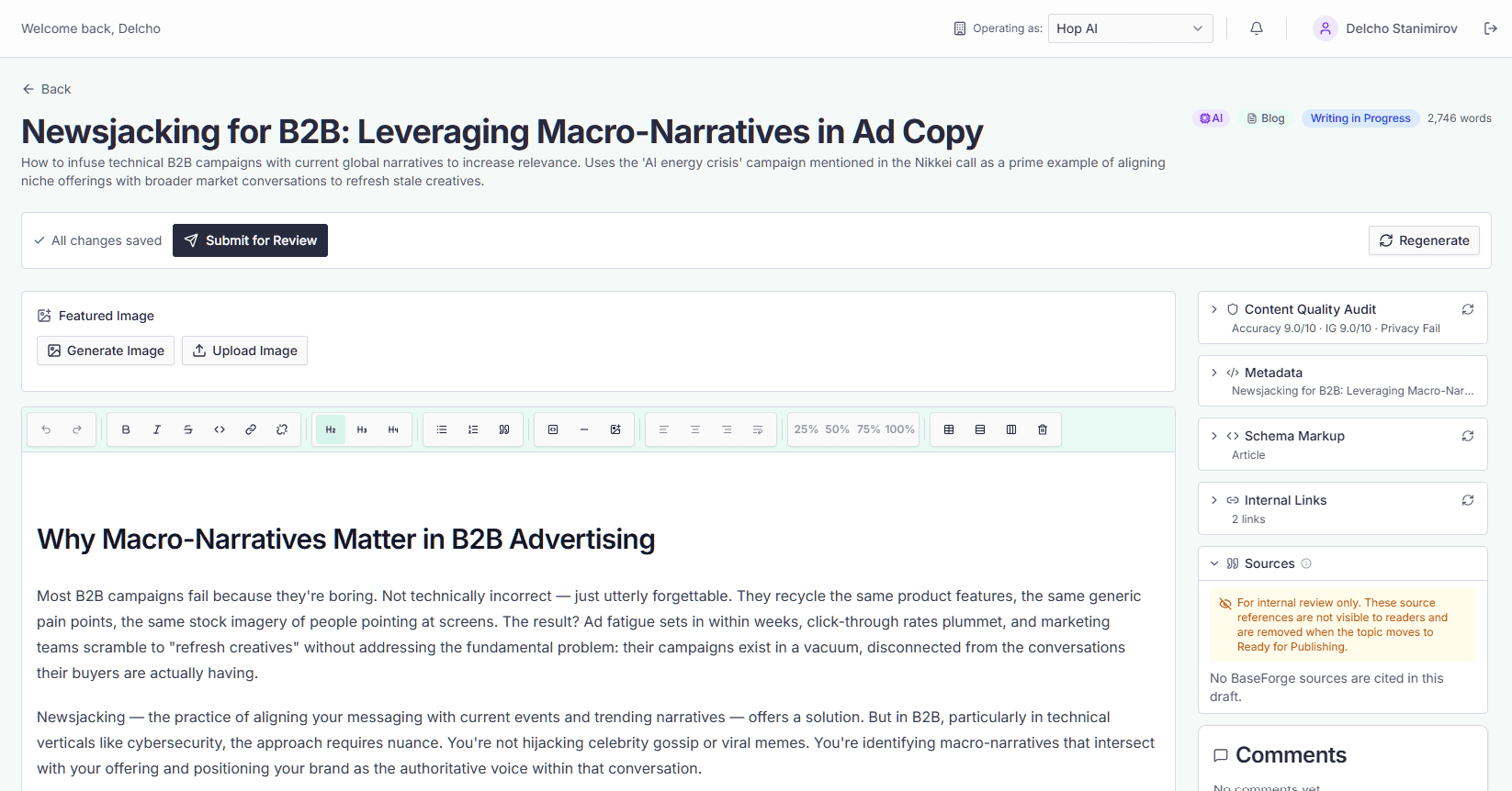 The article editor — pinned formatting toolbar, editing surface, and the side panels