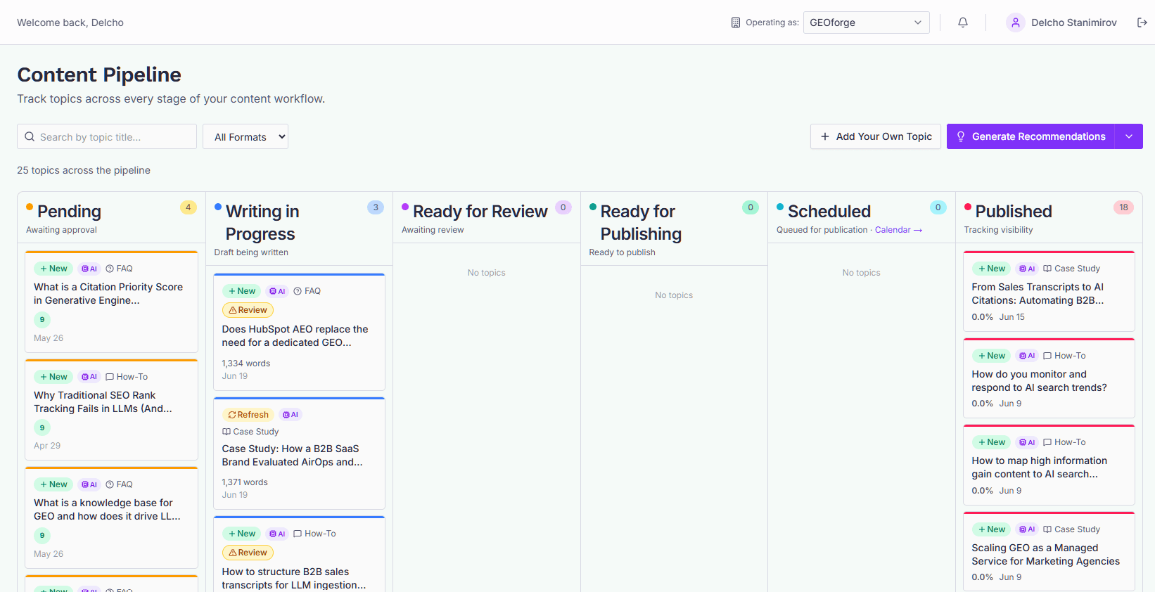The ContentForge pipeline board with topics organised into workflow columns