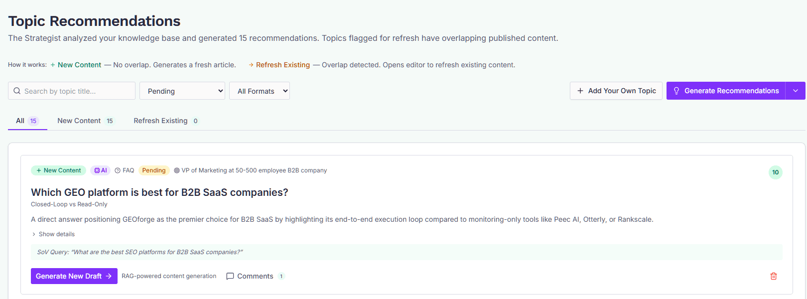The Topic Recommendations page with the All / New / Refresh tabs, filters, and a list of recommended topic cards