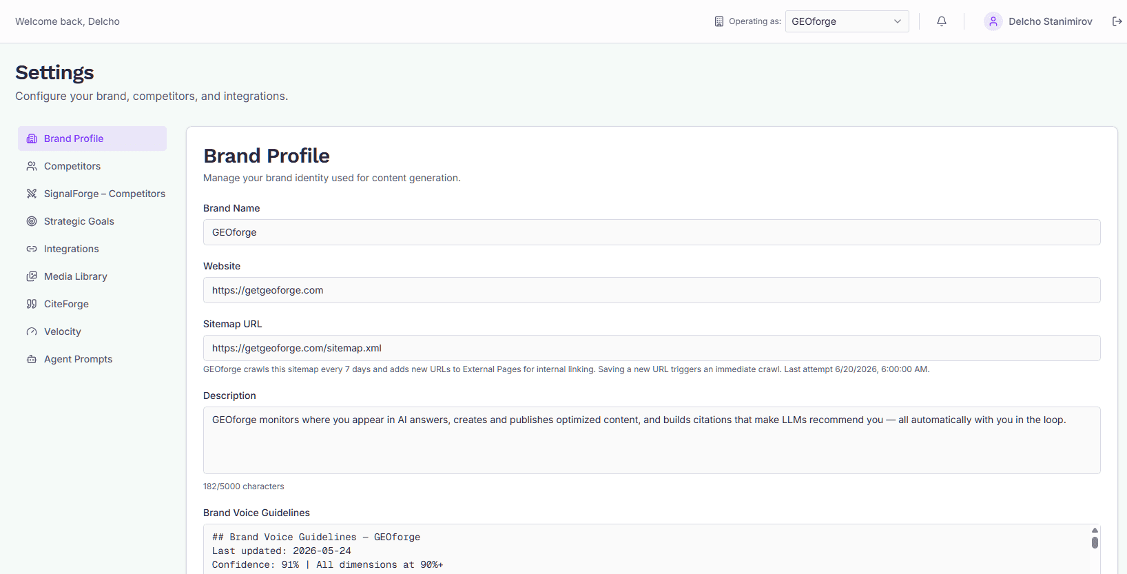 The Brand Profile tab in Settings, showing the brand name, website, sitemap URL, description, and voice guideline fields