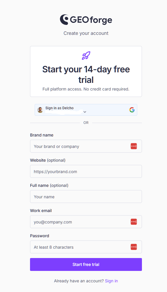 The registration form with brand name, website, name, email and password fields, and Continue with Google above them