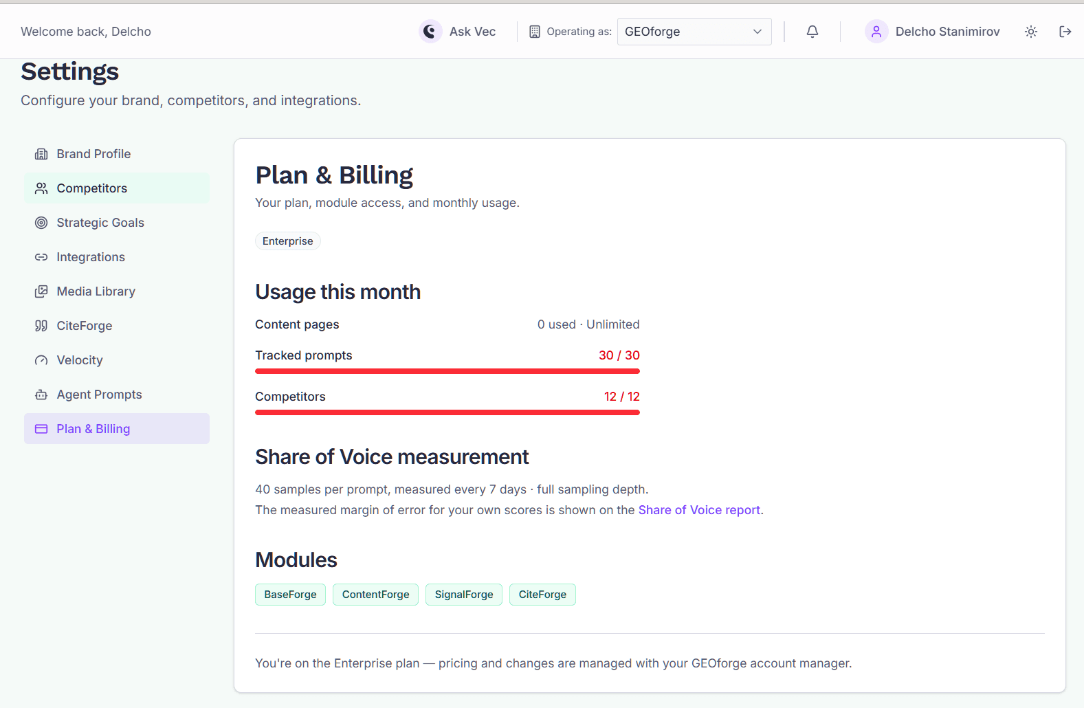 The Plan & Billing tab showing the current plan, the monthly content meter, and the upgrade options